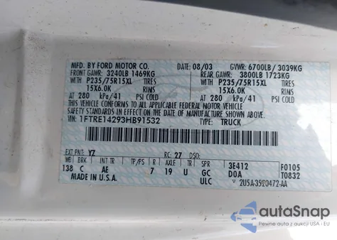 2003 Ford E-150 Commercial from USA, damaged, VIN 1FTRE14293HB91532